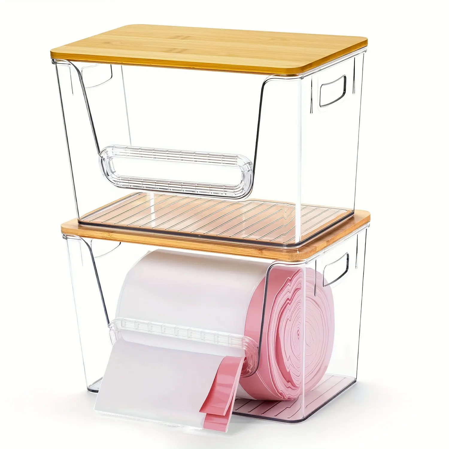 Stackable Transparent Trash Bag Dispenser - Eco-Friendly Dustproof Plastic/Wooden Rectangle Storage Organizer, Organizer Storage Box for Kitchen Sink Organization, Home Supplies Accessory, Dispenser Bins, Storage Organization