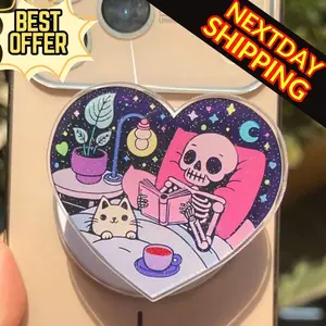 Skeleton Cat Reading Magnetic Phone Grip: Cozy Spooky MagSafe PopSocket, Cute Bookish Phone Holder, Fun Gift For Readers and Bookworms