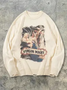 Men's Vintage Art Print Sweater, Long Sleeve Round Neck Pullover, Casual Loose Fit Knit Top, Fall Winter Fashion