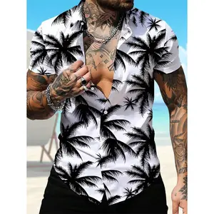 ( Five-star review)Men Coconut Tree Printed Short Sleeve Casual Shirt For Summer, Slim Fit Button Up Tropical Graphic Beach Shirt For Husband