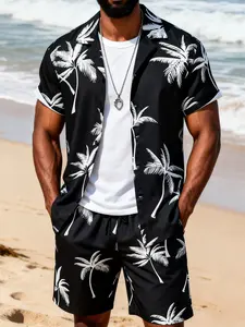 Men's Coconut Tree Print Short Sleeve Set, Casual Vacation Style, Button-Down Shirt, Elastic Waist Drawstring Shorts, Smooth Fabric