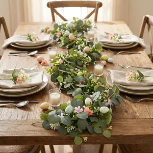 2 pieces of artificial Faux eucalyptus wreaths, Garland, eucalyptus leaves, eucalyptus vines, Easter egg vines, fake flower green wreaths, suitable for Easter family party room tablecloth decoration