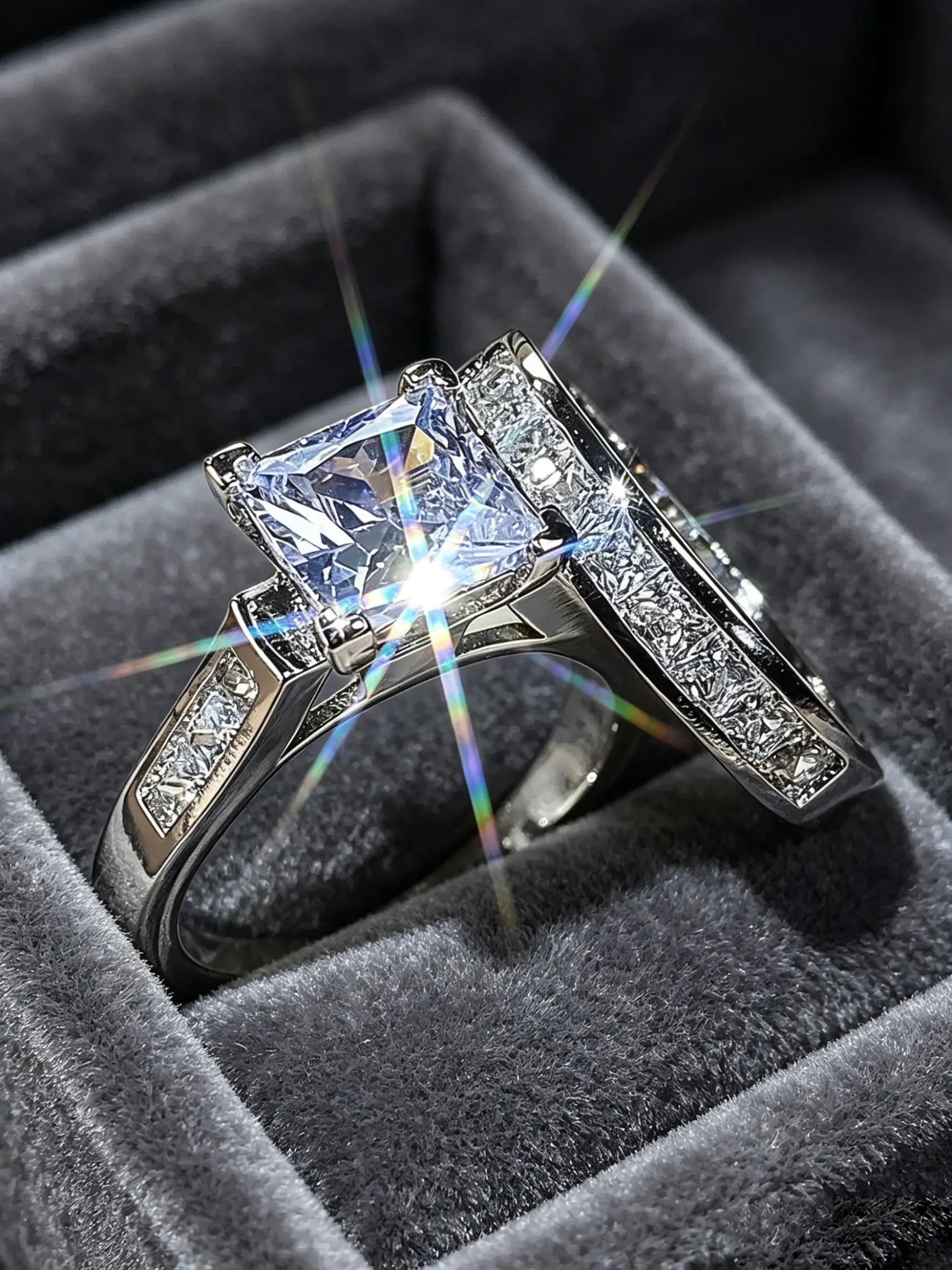 2Pcs Princess Cut Cubic Zirconia Ring Set, Elegant Engagement Ring & Wedding Band Combo, Silver Tone Plated Bridal Jewelry, Promise Ring with Side Stones, Gift for Girlfriend, Matching Promise Rings