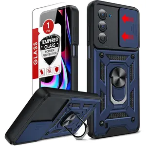 for Motorola Edge-5G UW 2021 Phone Case:  Edge 2021 Case with Slide Camera Cover Glass Screen Protector Accessories, Full  Hard PC and TPU Shockproof Unlocked Cover para Ring Stand, Blue