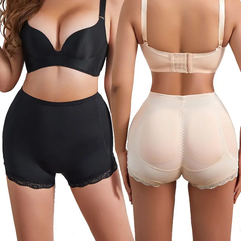 Women Removable Padded Butt Lifter Boyshorts, High Waist Tummy Control Hip Enhancer Shapewear Shorts, Lace Trim Seamless Anti-Chafing Underwear for Wedding & Daily Layering