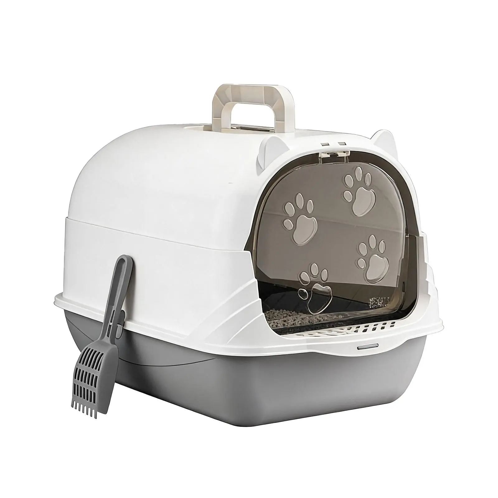 Large Fully Enclosed Litter Box with Cat Ear Flip-Open Design, 12cm Raised Splash Guard Rim, Wide Non-Slip Platform, Portable Handle, Side Hanging Design, Included Scoop, Ideal for Home & Long-Haired Cats
