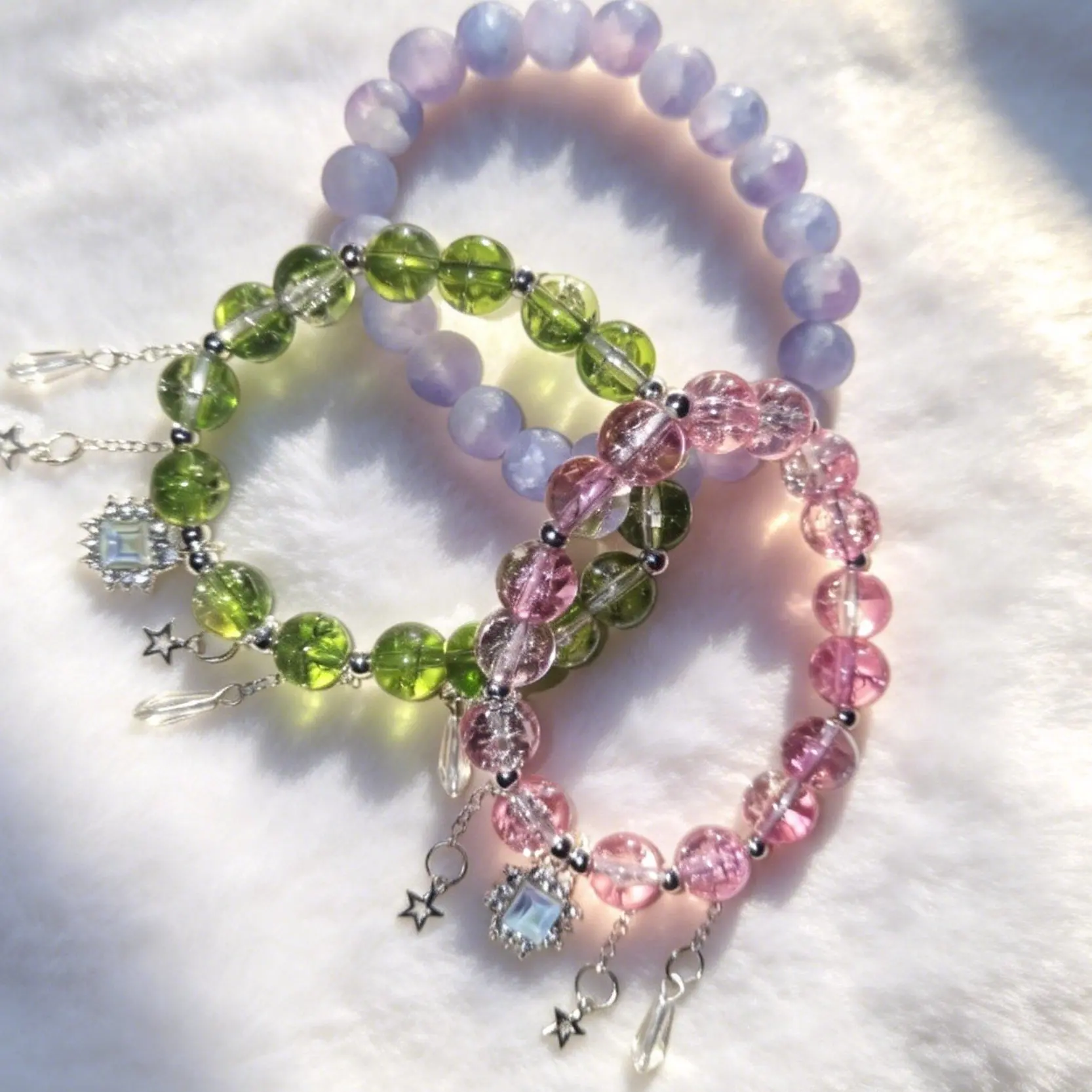 Colored glass bead bracelet, pink, green, blue, flower themed bracelet, cherry blossom bracelet, green grape bracelet, hydrangea flower bracelet, for girls, birthday gift, men