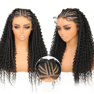 13X6 HD Lace Frontal Half Braided Curly Wigs Synthetic Half-Cornrows Half-Curly Wig with Baby Hair Pre Styled Braid Wigs