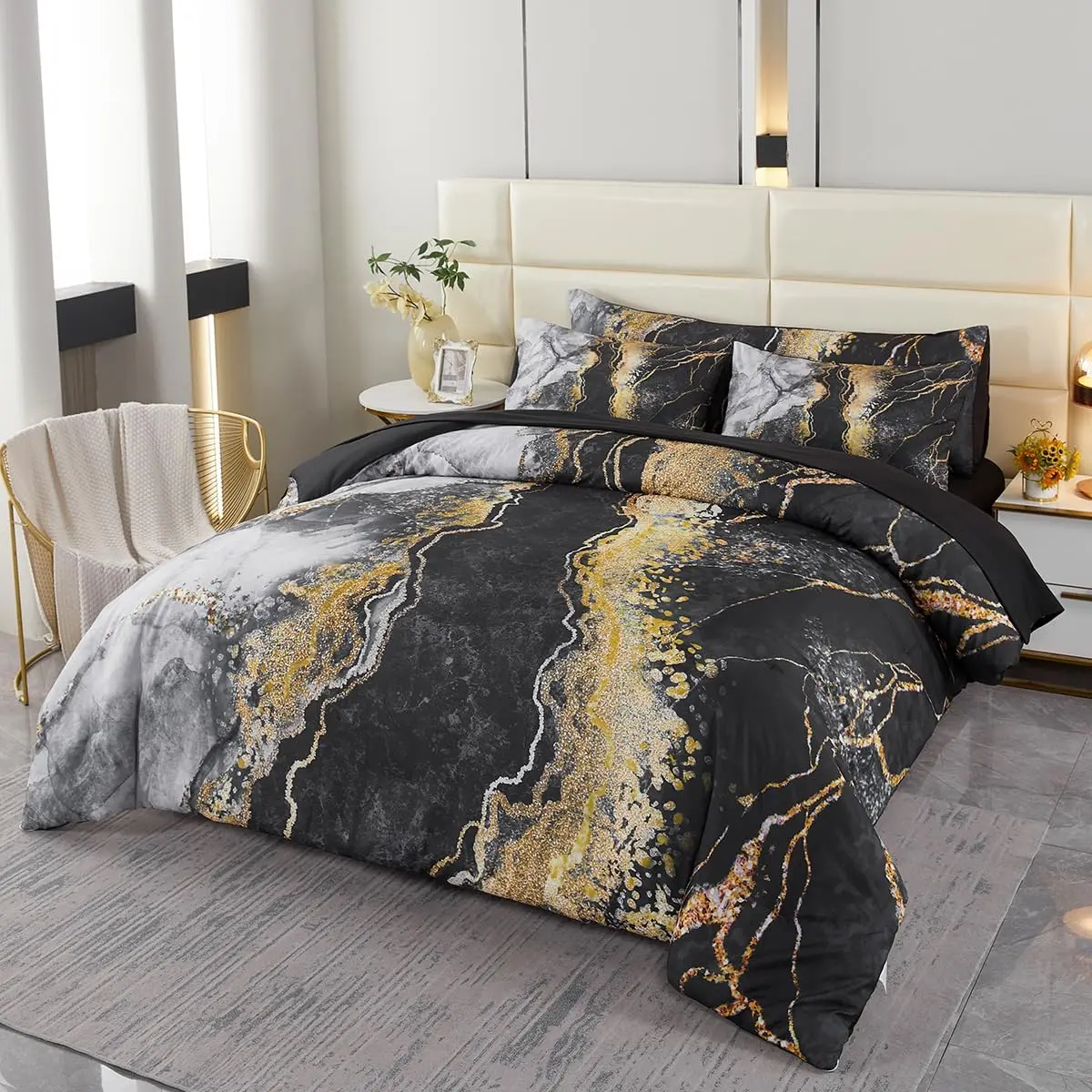 Queen Black Watercolor Marble & Burning Mountain Retro Artwork Bedding Set - 6-Piece Polyester Microfiber Duvet Cover Set, Machine Washable Bedroom Bedding, Soft Comforter Included, Bedroom Bedding Set
