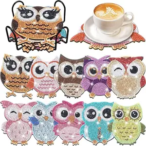 10-piece set of DIY diamond painting coaster, owl pattern, Crystal rhinestones, diamond painting kit, wooden with bracket coaster, diamond painting DIY mosaic crystal gem coaster, suitable for office family gathering decoration beginner gifts