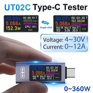 UT02C USB Color Screen Type-C Tester Digital Multimeter Voltage Ammeter DC4-30V 12A Fast Charging Test CPU Temp Monitor Voltage Current Power Meter
