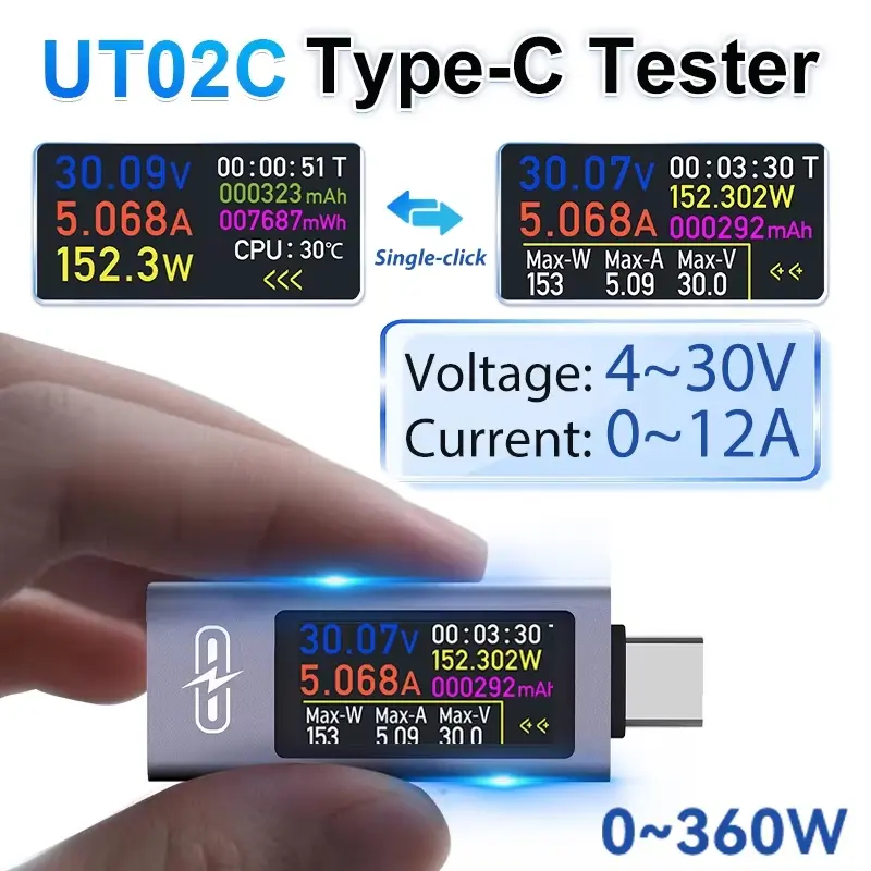 UT02C USB Color Screen Type-C Tester Voltage Check Tool Digital Multimeter Voltage Ammeter DC4-30V 12A Fast Charging Test CPU Temp Monitor Voltage Current Power Meter Voltmeter
