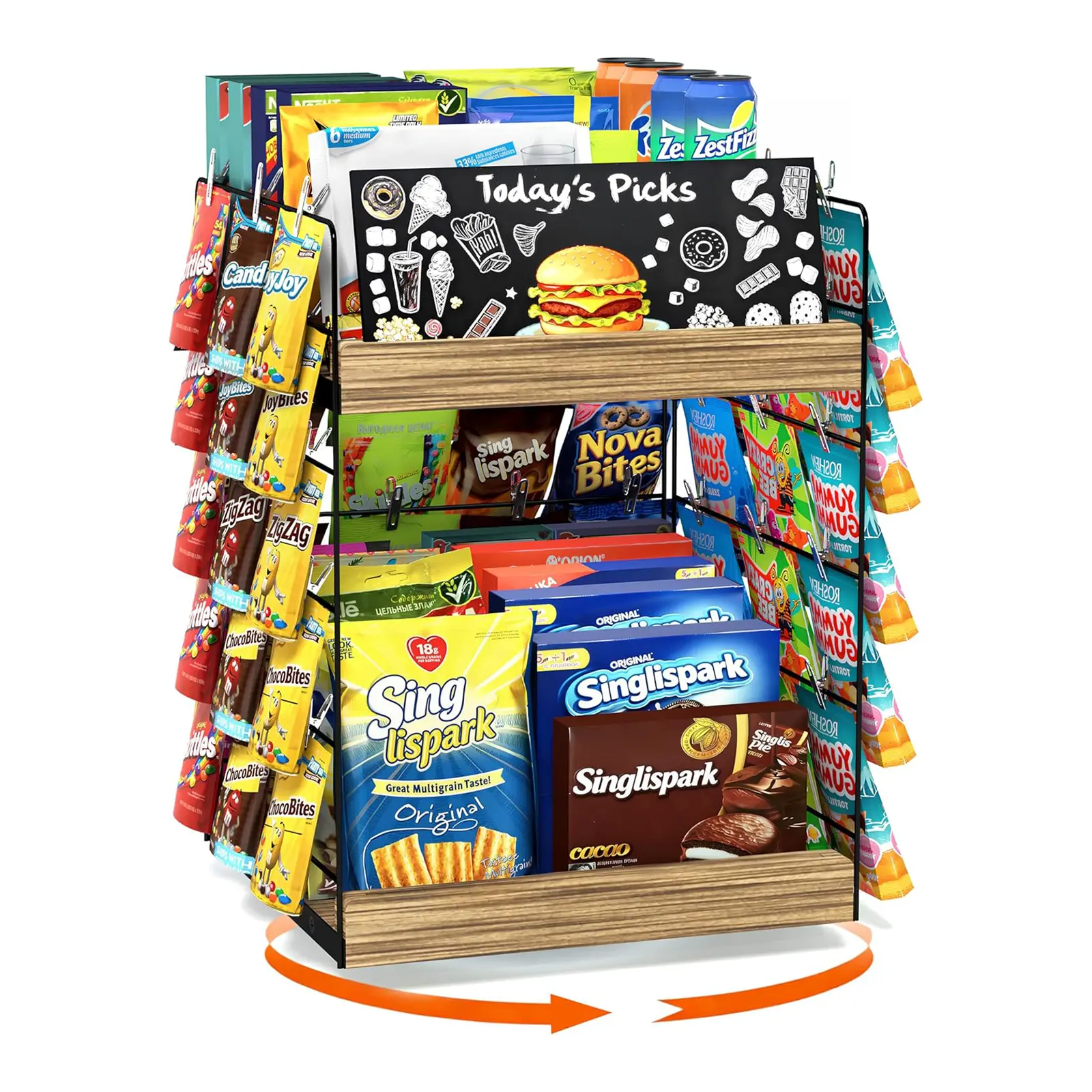 6-Tier Rotating Snack Display Rack with 50 Clips, Wood and Metal Countertop Chip Organizer for Stores, Offices and Parties, Brown