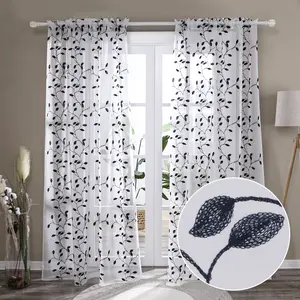 Deconovo Floral Sheer Curtains with Leaves Pattern Rod Pocket Embroidered Sheer Curtain Drapes for Sliding Glass Door - 2 Panels