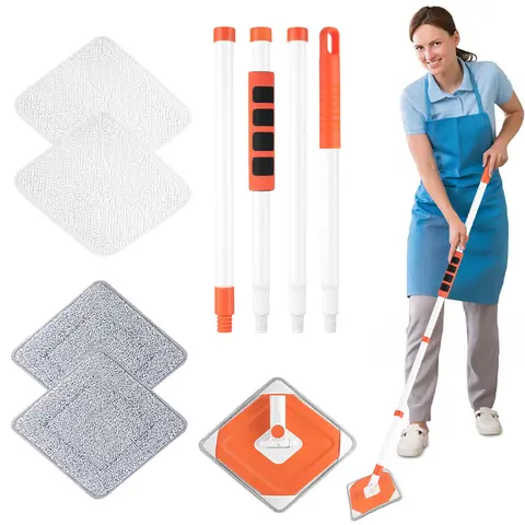 Wall Mop, Mop Cleaner with Long Handle , metal microfiber retractable Cleaner Tool with Handle, Floor Cleaner bathtub brush for Mopping Wall Cleaner Wall Mops for Washing Walls with 4 Pads, Cleaning Tool lightweight