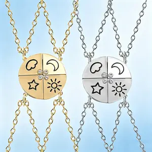 New Matching Sun, Moon, Star & Cloud Magnetic Necklace Set for 4 - BFF Friendship Jewelry, Ideal for Birthday, Anniversary and Special Occassions, with Rhinestone Detail