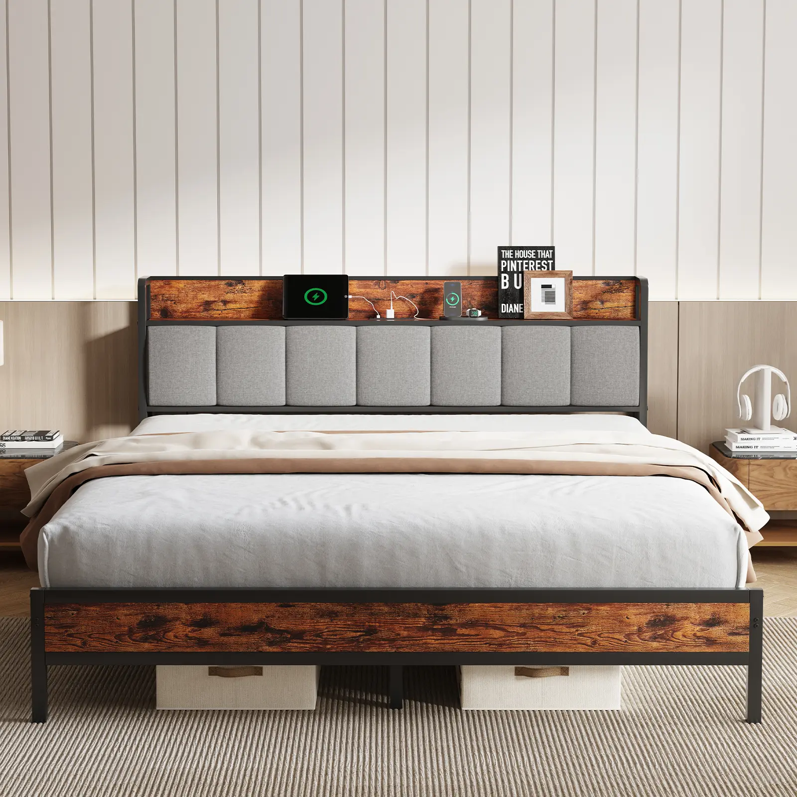 Novilla  Bed Frame with Charging Station USB/Type-C & Storage Headboard, Modern Metal Platform Bed Frame, Easy Assembly, Heavy Duty Slats Support, Noise Free, No Box Spring Needed，Twin/Full/Queen/King Size