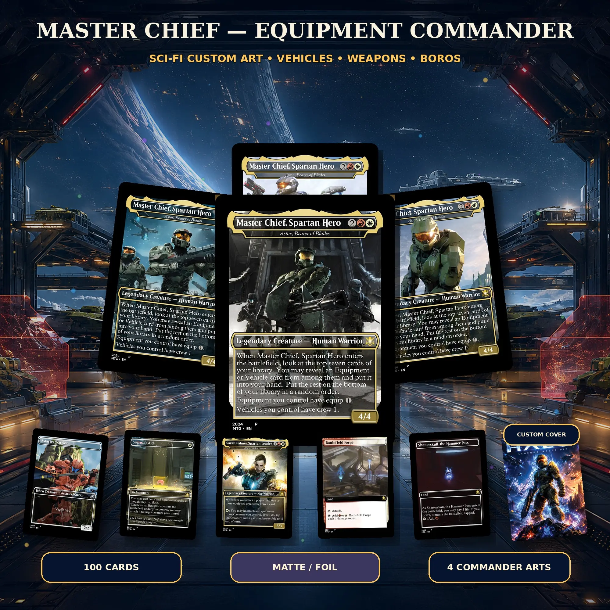Halo-Inspired Master Chief Equipment Commander Deck – 100 Cards, Boros Weapons & Vehicles, Equip 1, Crew 1, 4 Commander Arts & Fan-Made Custom EDH Set