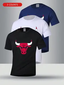 3 Piece Short Sleeve T-Shirt Set, Basketball Viewing Daily Sports, Bulls Team Logo Print, Lightweight Breathable Quick Dry Fabric, Unisex