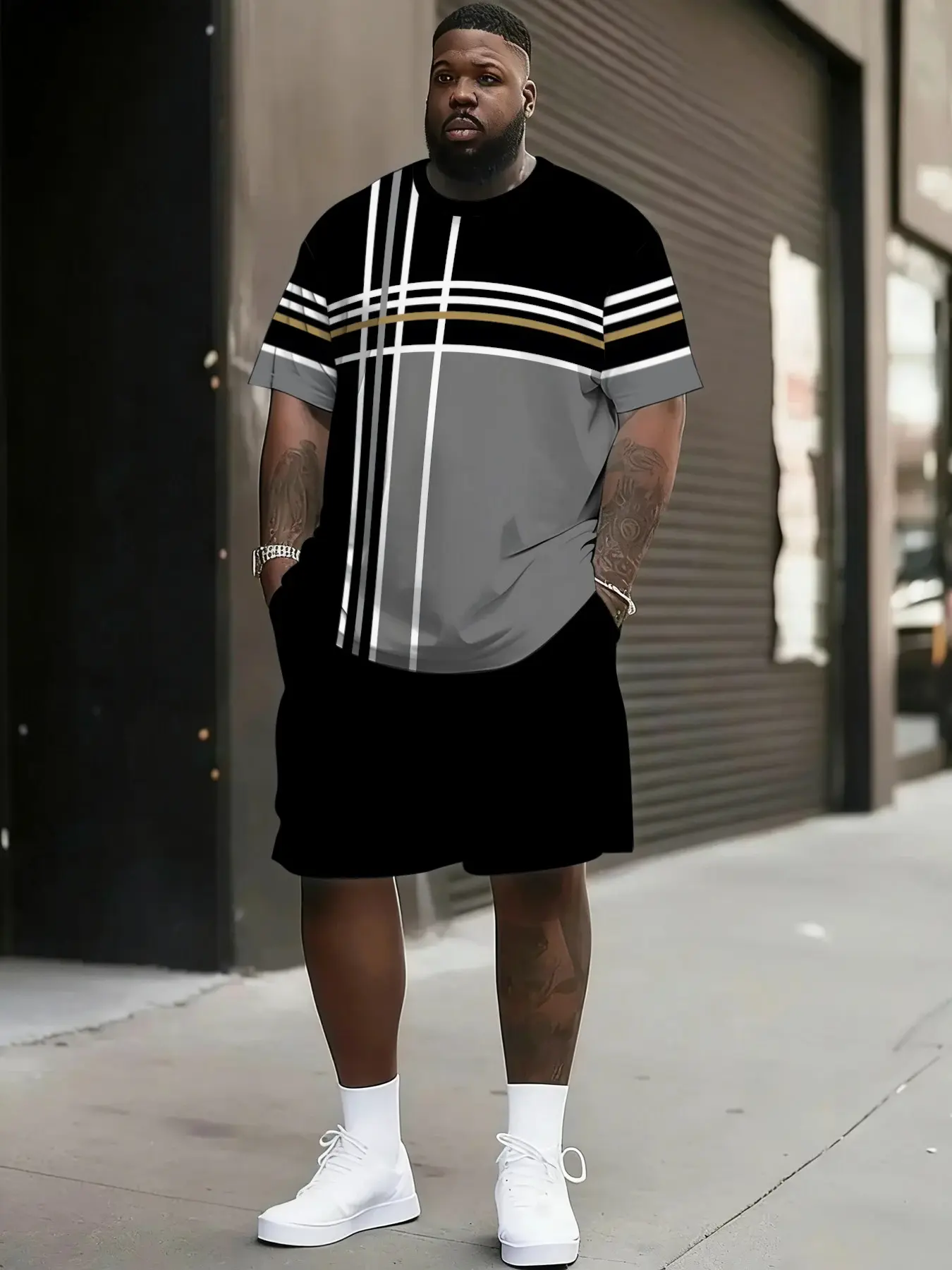 Men's Geometric Print Summer Set, Short Sleeve Round Neck T-Shirt & Drawstring Shorts, Loose Fit Casual Menswear