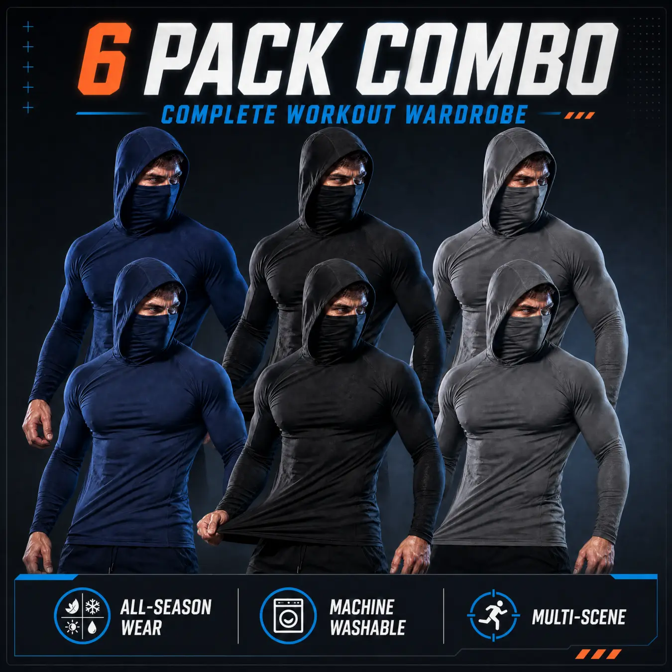 Men's 6 Pack Compression Hoodies, Long Sleeve Athletic Workout Tops, Seamless Moisture-Wicking Polyester for All Day Comfort, Polyester Clothes Athletic Clothing Athletic Apparel Tops