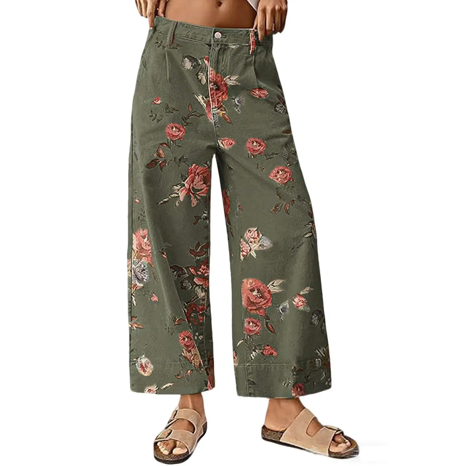 Chouyatou Women's Mid-Rise Floral Print Cropped Denim Trouser - Bohemian Loose Wide-Leg Streetwear Pants, Women's Clothes Bottoms, Jeans Capri Pants, Fashion Apparel,back to school shopping, Baggy, Stylish Women's Wear
