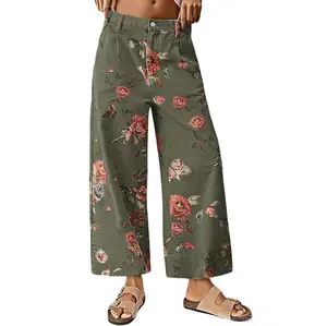 Chouyatou women's mid-rise floral print cropped jeans bohemian loose wide-leg jeans