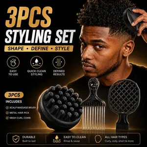 1/3PCS Afro Curl Styling Set, Silicone Scalp Massage Brush, Metal Hair Pick & Mesh Curl Comb for Black Hair, Short Curls, Coils, Twists, Fluffy Volume & Daily Styling