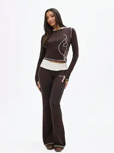BABYPHAT Contrast Detail Flare Leggings With White Piping Cat Print High Rise Bell Bottom Wide Leg Pants