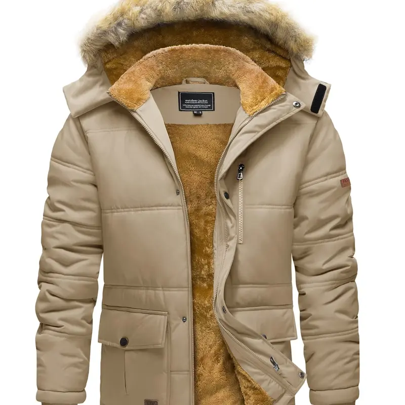 MAGCOMSEN Men's Hooded Padded Parka Jacket - Water-Repellent, Windproof, Plush Fleece-Lined, Fitted, Ribbed, Zipper-Equipped Warm Winter Coat with Pocket for Hiking, Work
