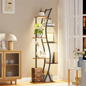 7 Tier Bookshelf with Lights, 63" Tall Standing Shelf Organizer, Narrow Bookcase with Storage Rack for Wall Corner, Living Room, Bedroom, Home Decor, Wood Display Shelf