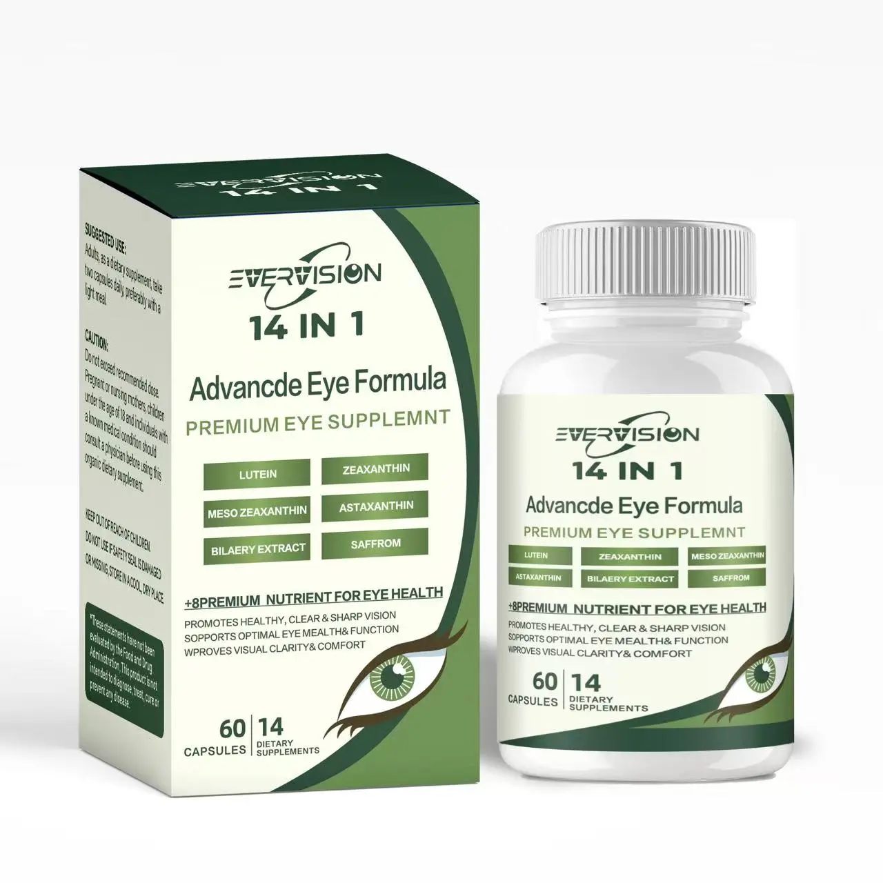 EVERVISION 14 in 1 Advanced Eye Formula,to support eye health Eye Supplement with Lutein, Zeaxanthin, Astaxanthin, Bilberry Extract & Zinc, Eye Vitamin and Mineral Supplement for Adults & Seniors, 60 Capsules