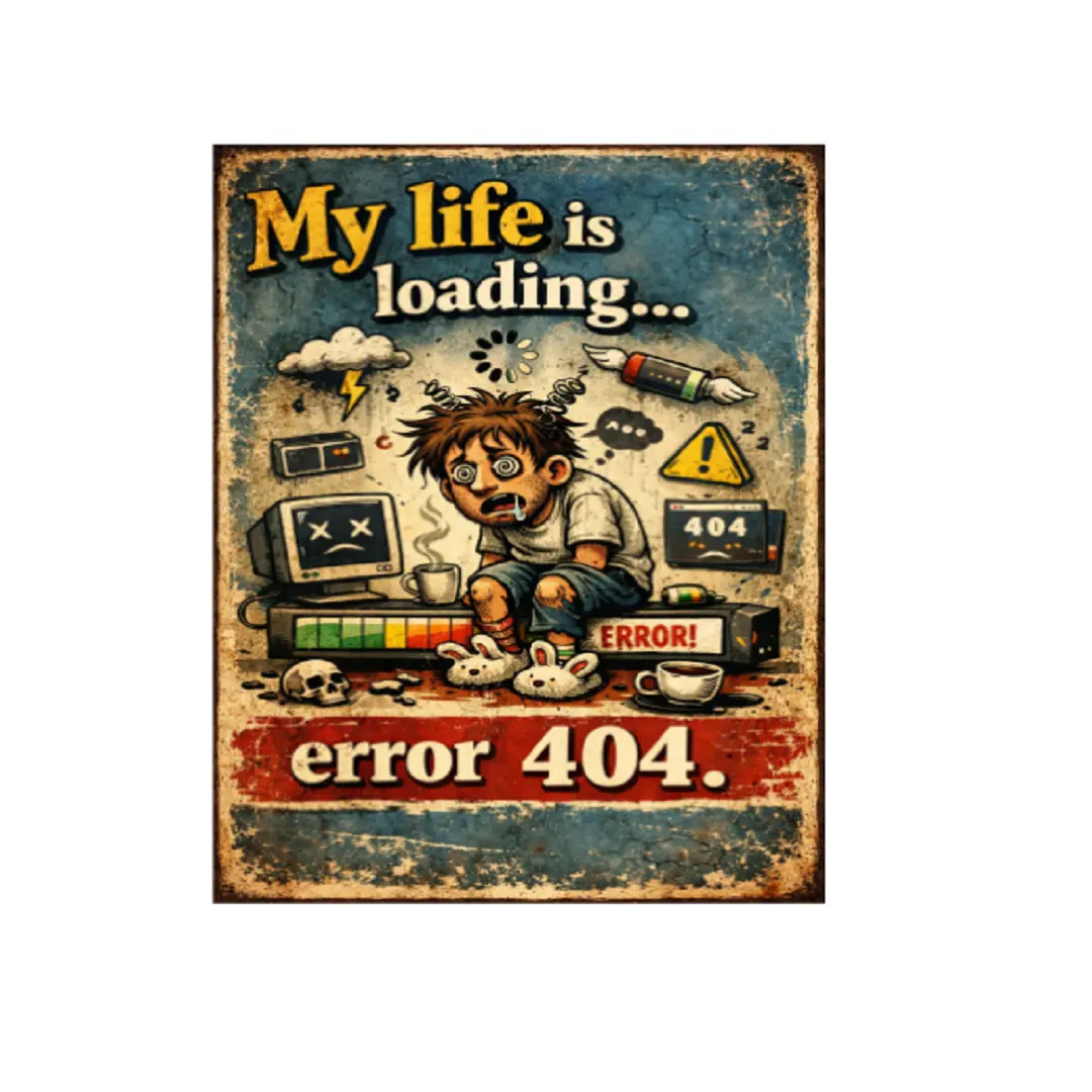 8x12in Retro Funny "My Life Is Loading Error 404" Tin Sign, Adult Nerd Humor Metal Wall Decoration, Lightweight Hanging Plaque for Daily Office Use, Nail-Mounted Home Decor Gift