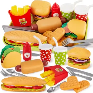 Fast Food Play Food Toys for Kids Toddler Children Toy Kitchen Accessories Playset Plastic Toy Food Sets Pretend Play Gifts for 3 4 5+ Years Old