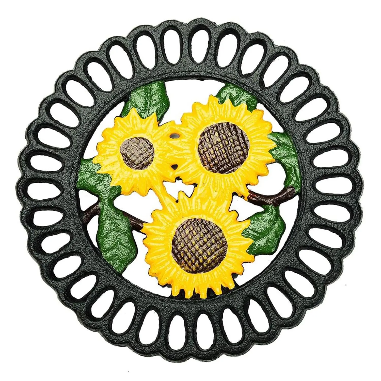 Sungmor Durable Heavy-Duty Cast Iron Trivet - 7.5x7.5 in Round Vintage Sunflower Pattern Decorative Trivets for Kitchen Tableware, Drink Coasters, Decorative Trivet
