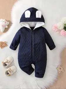 Baby Boy 3D Ear Design Hooded Romper with Polar Fleece Lining, Warm Stand Collar for Outdoor Use, Infant Toddler Clothes, Comfortable and Stylish