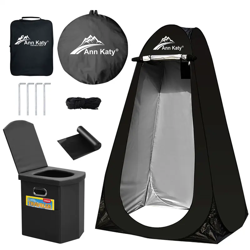 Annkaty Large XL Foldable Portable Travel Toilet with Pop-Up Privacy Tent, Camping Accessories - 190t Polyester Fabric Tear-Resistant Outdoor Camping Gear, Emergency Changing/Shower Room Kit with Large Organized Carry Bag for Adults