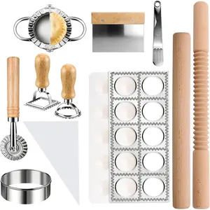 11 Pieces Ravioli Mold Set Easy-to-Use Ravioli Maker Press with Ravioli Cutter Wheel Pasta Cutter & Ravioli Making Kit Wooden Pasta Roller Pasta Making Tools for home pasta lover