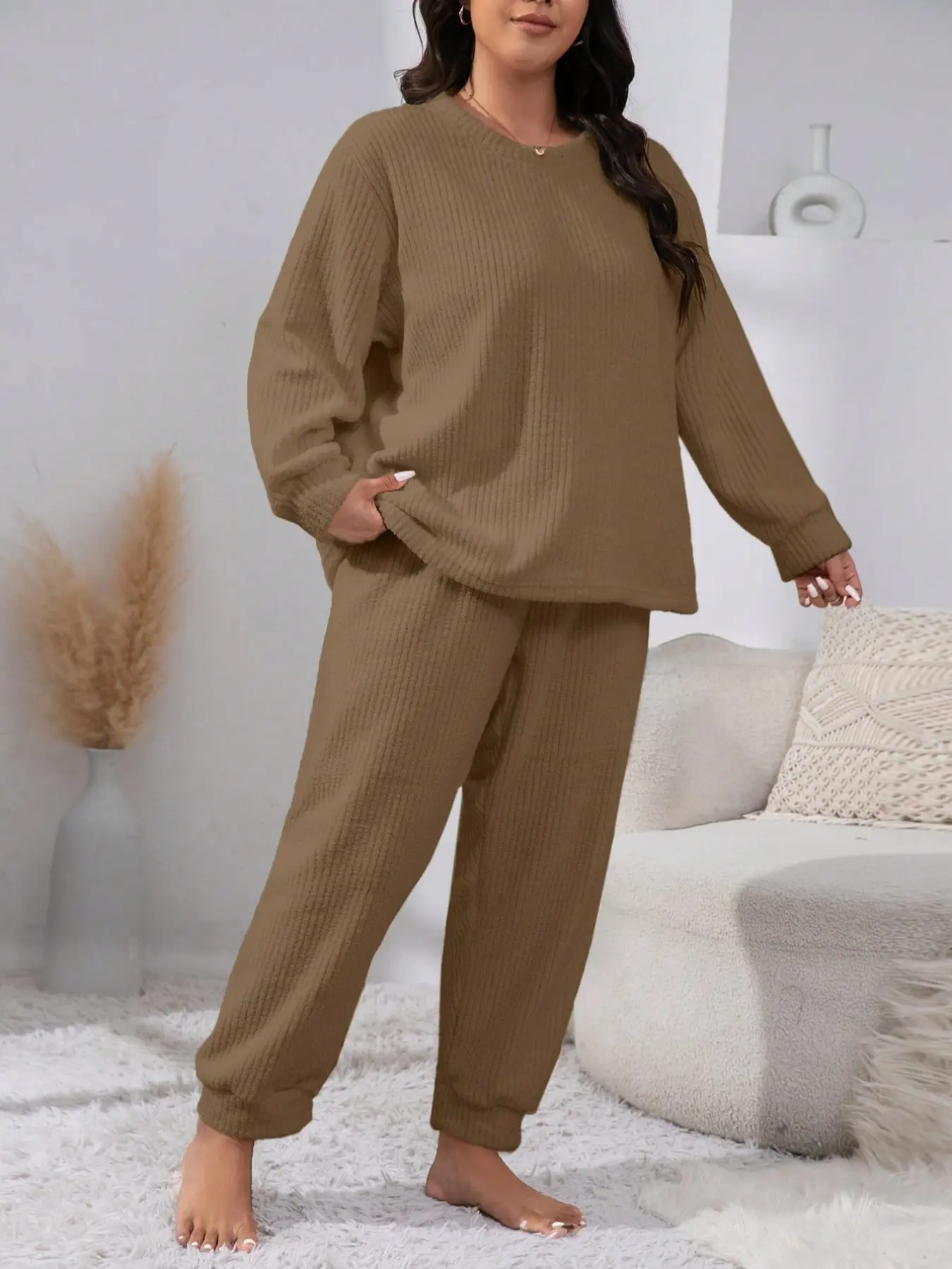 Plus Size Women's Pajama Set Loungewear, Round Neck Long Sleeve Top with Footed Pants, Fleece Lined Thick Comfortable Warm Home Two-Piece Suit