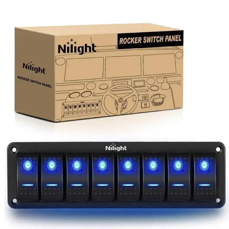 Nilight 8-Gang 5-Pin Blue Backlighted ON/OFF Aluminum Rocker Switch Panel with ABS Housing, Easy Disconnection Electrical Switch for LED Lights, Jeeps, Includes 2 Sets of DIY Stickers & Screw Sets