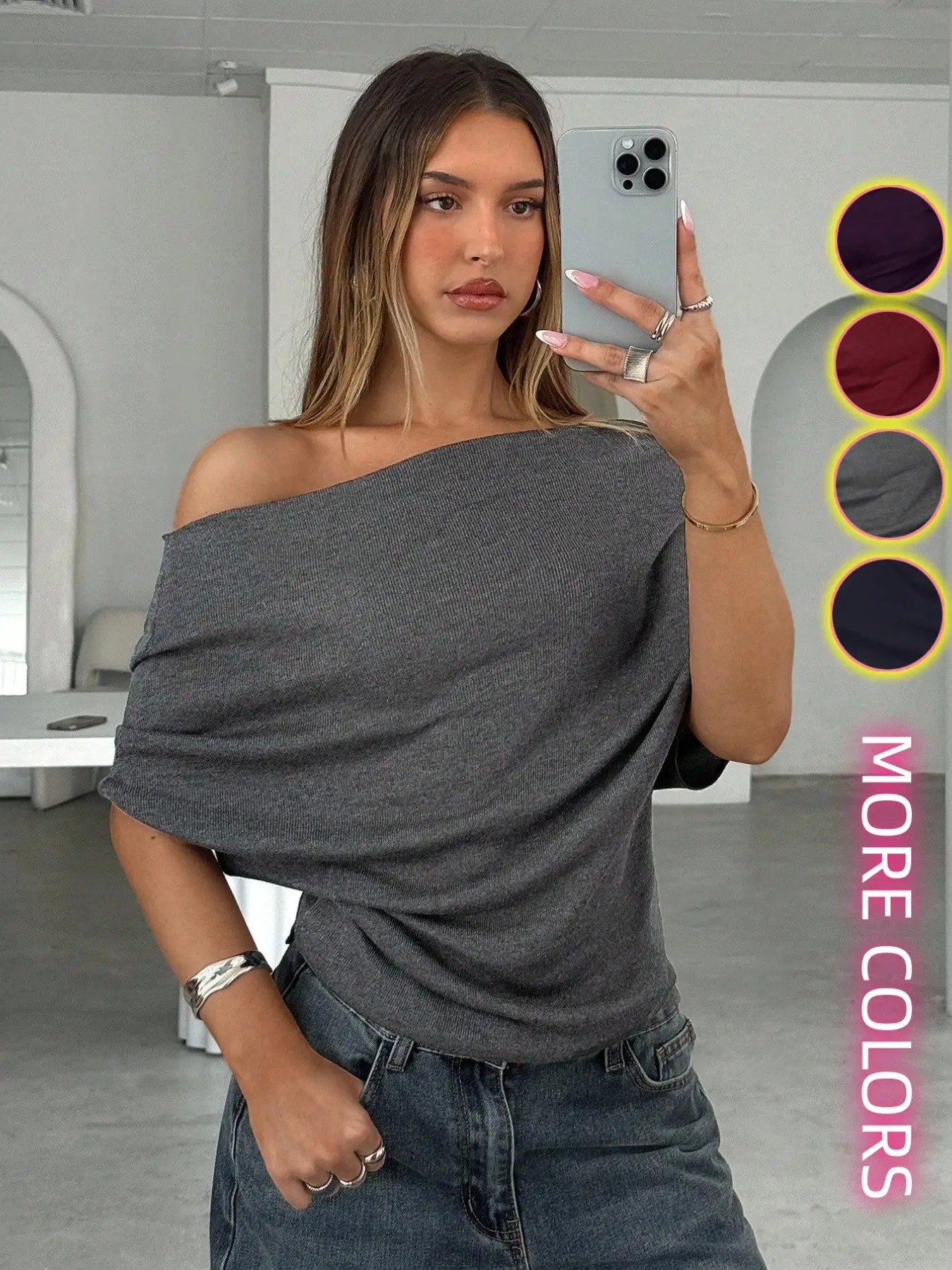 Solid Color Off-Shoulder Asymmetrical Neck Loose Fit Baggy Short Sleeve Draped Wrap Knitted Top, Casual Fashion Women's Pullover, Knitwear