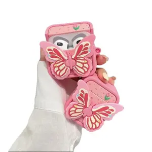 Pink Butterfly Headphone Case, AirPods Headphone Case with Chain. Silicone soft, impact-resistant case