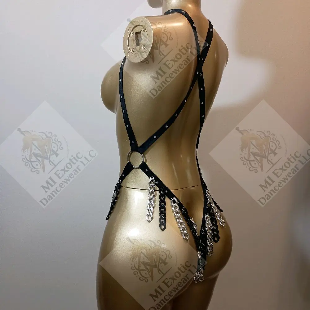 Slingshot Thong with Silver Tone O-Rings, Clear Crystals, and Acrylic Chains - Exotic Dancewear