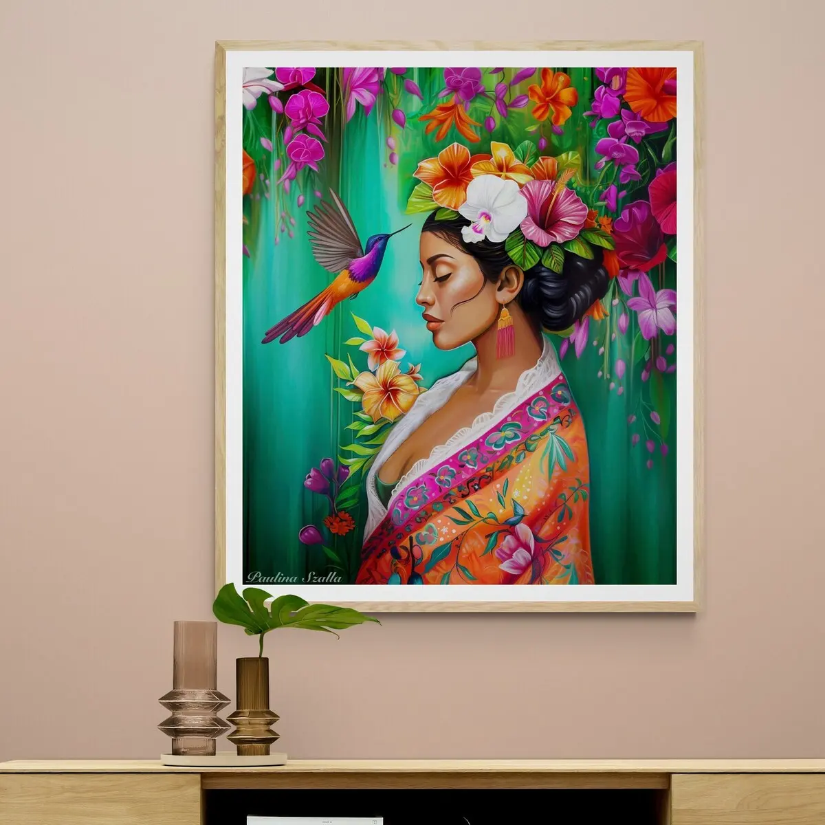 Latina Woman of Colors with Hummingbird – Mexican Boho Folklore Wall Art, Botanical Chicano Empowerment Print, Latinx Inspired Poster, Room Decor, 5 Sizes (8x12–27x40 inch), Unframed | 5 Size, 8x12 to 27x40 inch