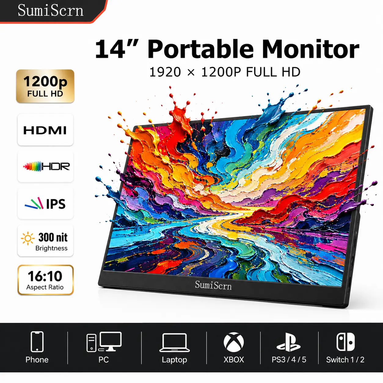 SumiScrn 14'' Portable Monitor, HD 1200P, FHD, 60Hz, for Phones, Android Laptop PC, with Speaker Computer Screen