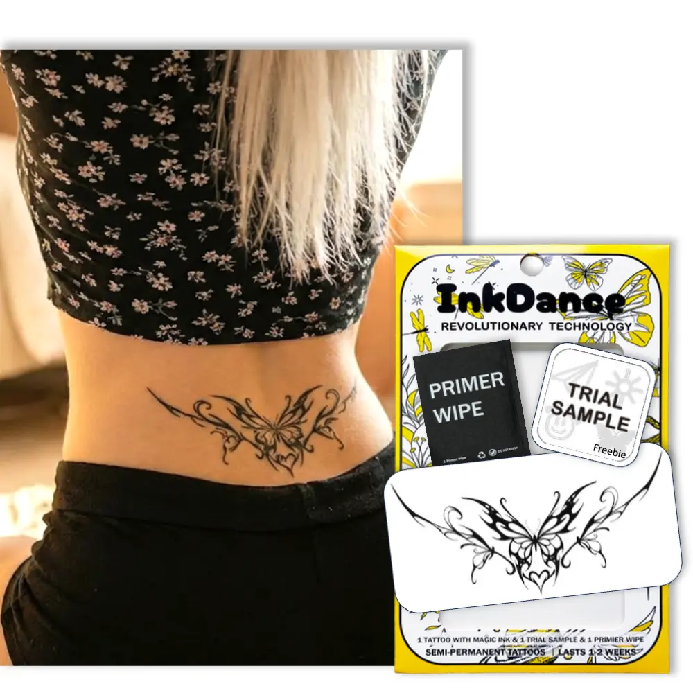 InkDance Semi-Permanent Tattoo, Neo-Tribal Heart Butterfly, Lower Back, Long Lasting Temporary Tattoos, Waterproof Plant-Based Ink, Lasts 1-2 Weeks, Color Develops in 24 Hours D317