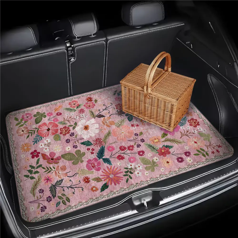 Vibrant Pink Floral-Patterned Rear Cargo Rubber Mat - Car Accessory, Auto Parts Accessories, All-Season Pet-Friendly Easy-to-Clean Storable Mat for SUVs, Trucks, Rubber Car Mats