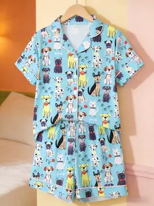 2-Piece Kids Pajama Set, Cartoon Puppy Footprint Design, Casual Short Sleeve, Loose-Fit, All-Season Wear, Party Gift Set