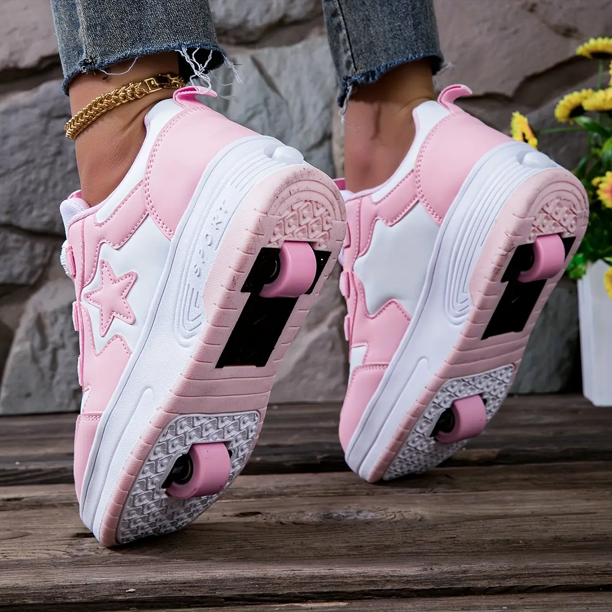 Girls' 2-in-1 Fashionable Skate Shoes, Pink Casual Trendy Trainers with Detachable Wheels and Twist-Lock Closure, Sneakers