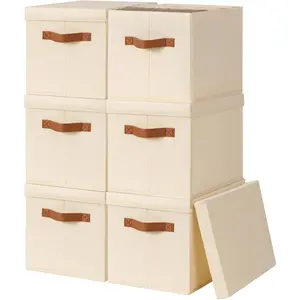 6 Pack Foldable Fabric Storage Bins with Lids - Decorative Stackable Organizer Bins with Handles, Storage Baskets for Shelves Home Nursery Dorm, Beige